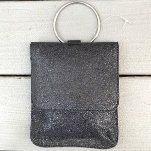 Black sparkle clutch bag with silver ring handle